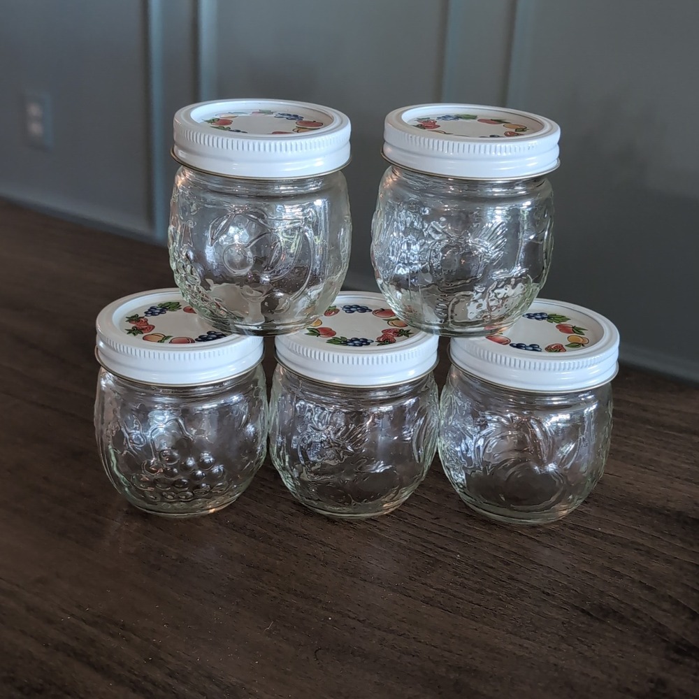 5 KERR Fruit Embossed Country Kitchen 8oz Mason Canning Jelly Jars W/Floral Lid